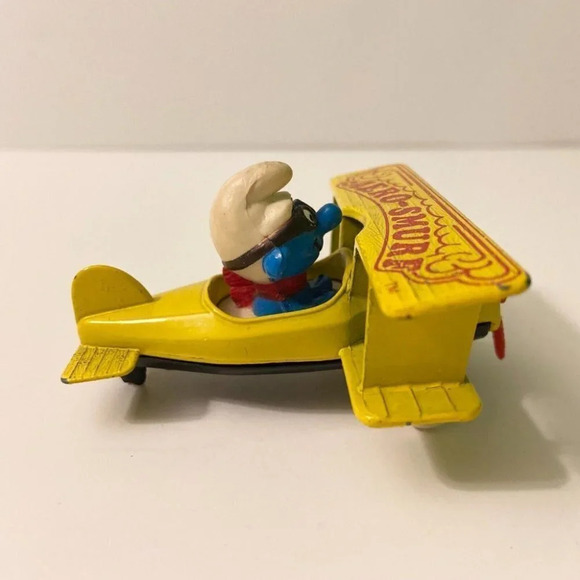 Vintage 1982 ERTL Smurfs Diecast Aero Smurf Yellow Plane Toy Hong Kong - Picture 6 of 12